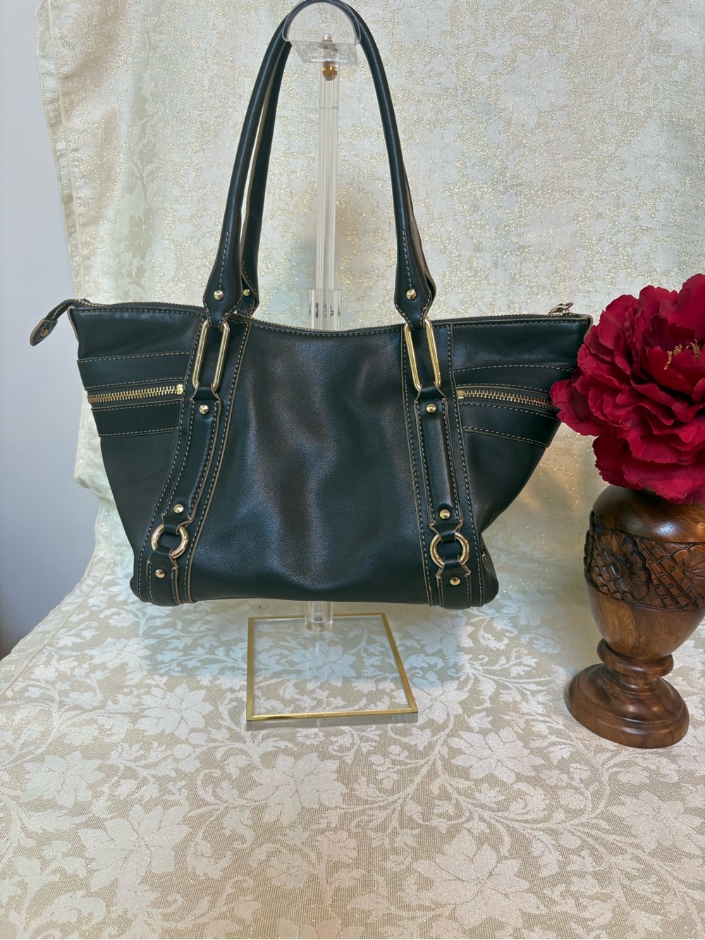 Cole Haan Dark Green Paige Leather Satchel with Gold Hardware - Picture 7 of 11